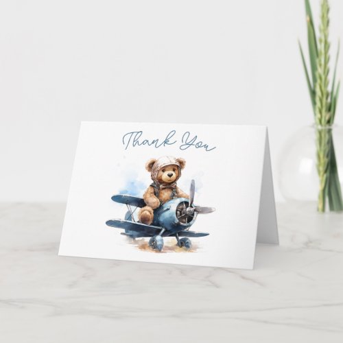 Teddy Bear Airplane Watercolor Baby Thank You Card