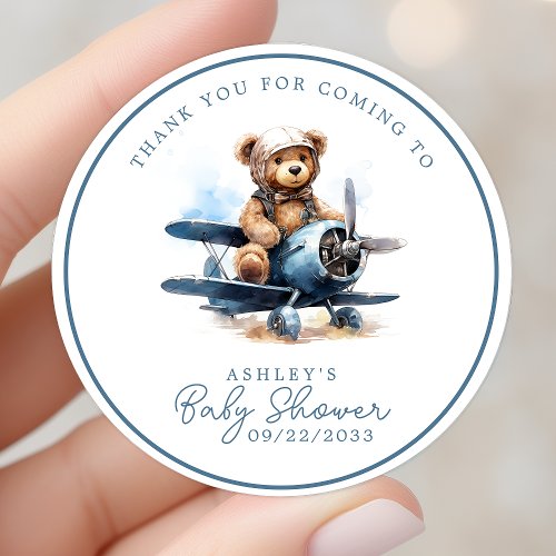 Teddy Bear Airplane Watercolor Baby Thank You Classic Round Sticker