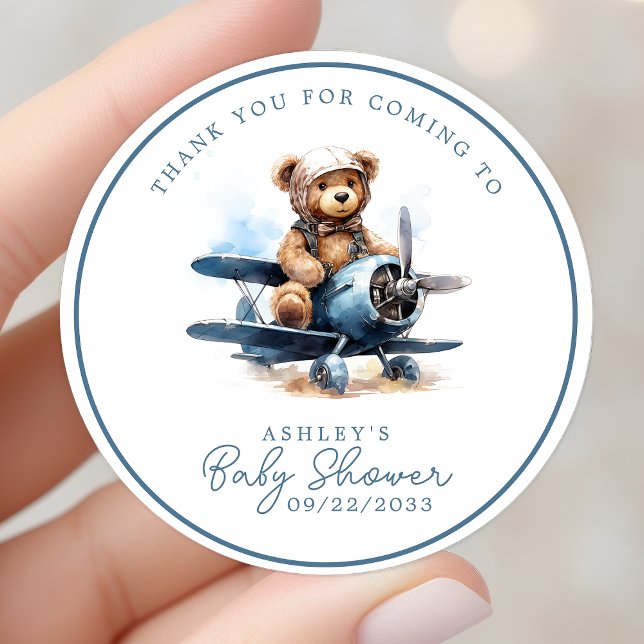 Teddy Bear Airplane Watercolor Baby Thank You Classic Round Sticker (Creator Uploaded)