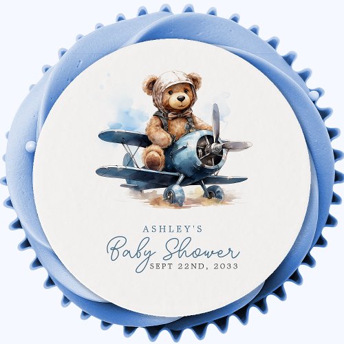 Teddy Bear Airplane Watercolor Boy Baby Shower Edible Frosting Rounds