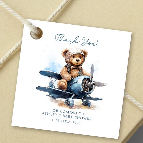 Teddy Bear Airplane Watercolor Boy Baby Shower Favor Tags