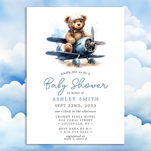 Teddy Bear Airplane Watercolor Boy Baby Shower Invitation