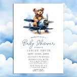 Teddy Bear Airplane Watercolor Boy Baby Shower Invitation