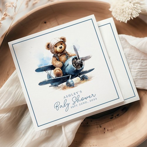 Teddy Bear Airplane Watercolor Boy Baby Shower Napkins