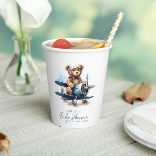 Teddy Bear Airplane Watercolor Boy Baby Shower Paper Cups