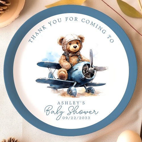 Teddy Bear Airplane Watercolor Boy Baby Shower Paper Plates