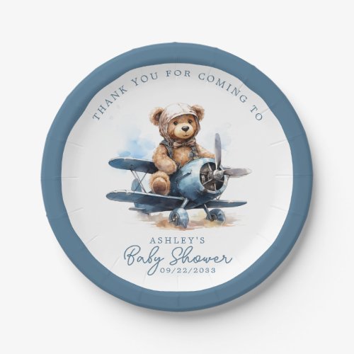 Baby Shower Tableware 12 Teddy Bear Airplane Watercolor Boy Baby Shower Paper Plates