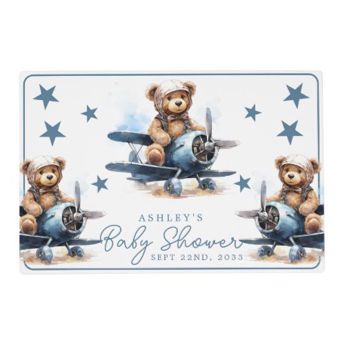 Teddy Bear Airplane Watercolor Boy Baby Shower Placemat