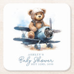 Teddy Bear Airplane Watercolor Boy Baby Shower Square Paper Coaster<br><div class="desc">The 'Teddy Bear Airplane Watercolor Boy Baby Shower Square Paper Coaster' is an adorable addition to your baby shower decor. This charming coaster is illustrated with a watercolor teddy bear flying a plane, perfect for setting a playful scene at the celebration. These coasters are not only functional for protecting surfaces...</div>