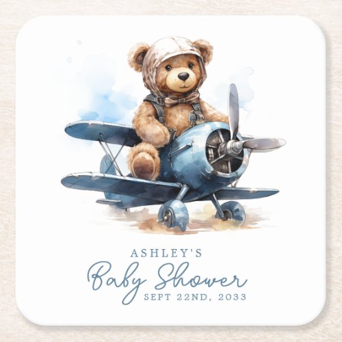 Teddy Bear Airplane Watercolor Boy Baby Shower Square Paper Coaster