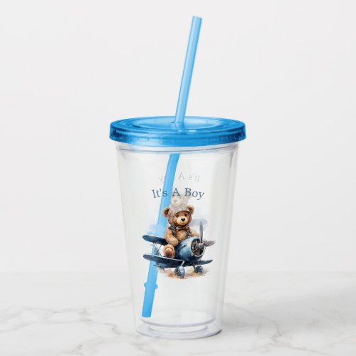 Kitchen And Dining 16 Teddy Bear Airplane Watercolor It'S A Boy Acrylic Tumbler