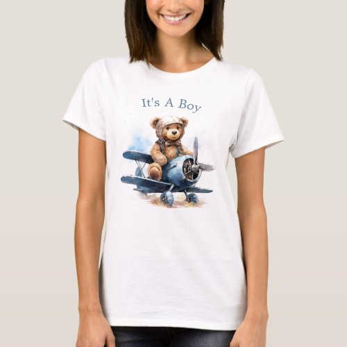 Teddy Bear Airplane Watercolor Its A Boy T_Shirt