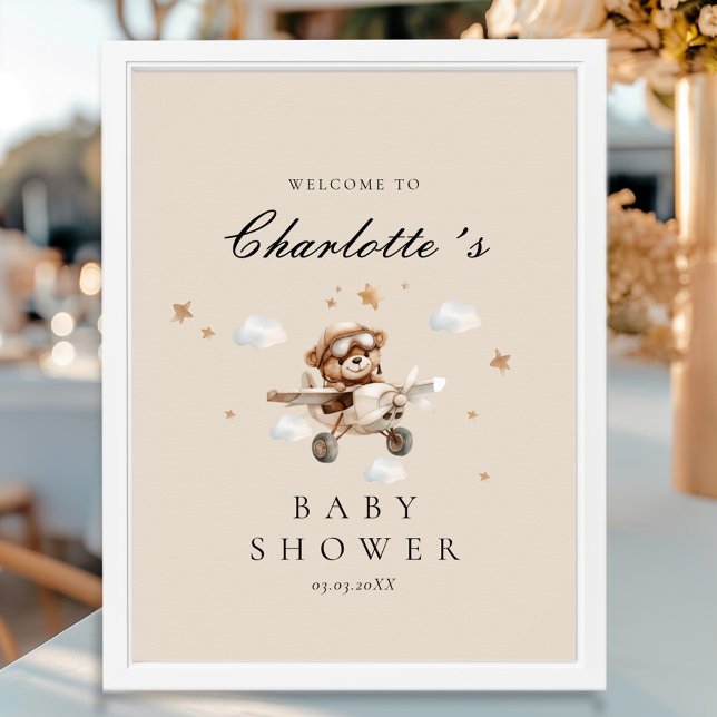 Teddy Bear & Airplane Welcome Baby Shower Poster (Personalized Teddy Bear & Airplane Welcome Baby Shower Poster)