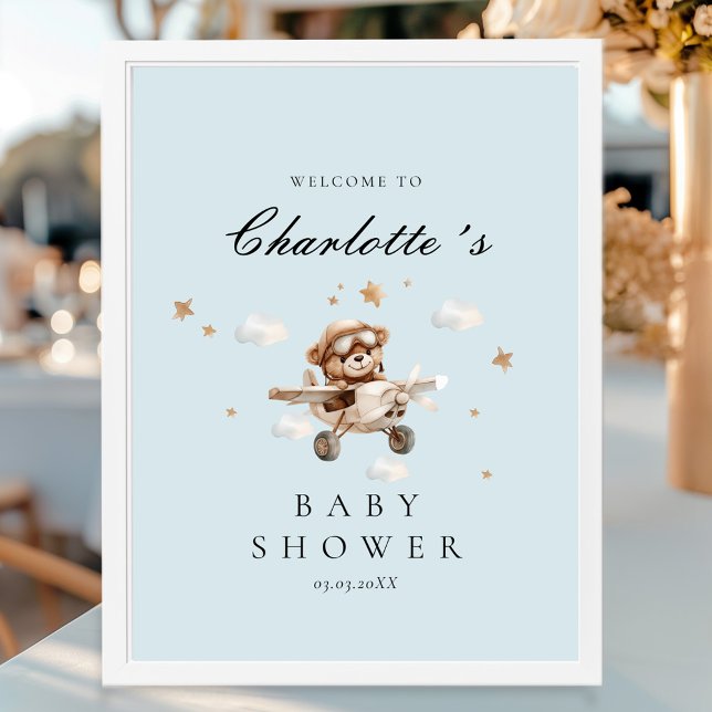 Teddy Bear & Airplane Welcome Baby Shower Poster (Personalized Teddy Bear & Airplane Welcome Baby Shower Poster)