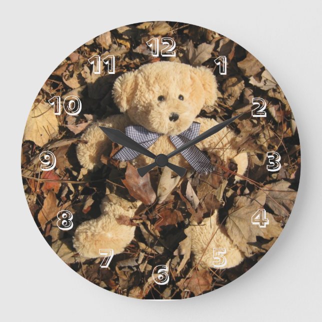Teddy Bear and A Big Pile of Leaves Large Clock (Front)
