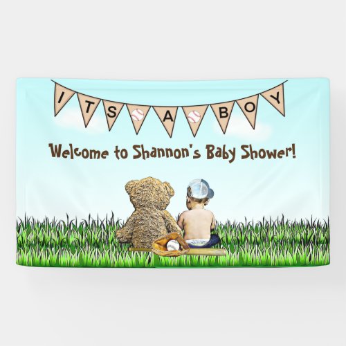 Teddy Bear and Baby Baseball Boys Baby Shower   Banner