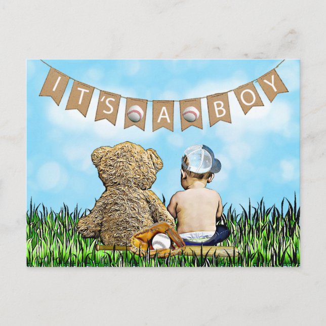 Teddy Bear and Baby Baseball Boy's Baby Shower Postcard (Front)
