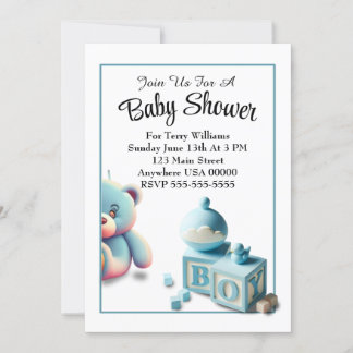 Teddy Bear and Baby Blocks Boy Baby Shower Invitation