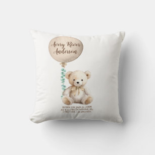 Teddy Bear and Balloon Birth Date Stats  Throw Pillow