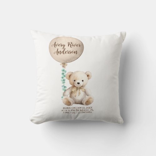Teddy Bear and Balloon Birth Date Stats  Throw Pillow