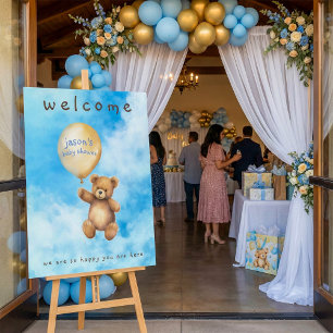 Teddy bear and balloon in sky baby shower welcome foam board