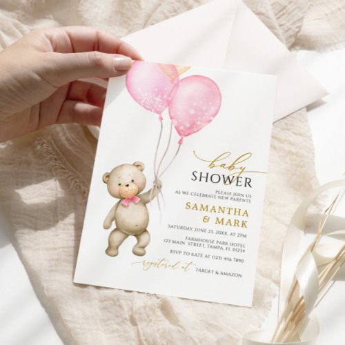 Teddy Bear and Balloons Baby Shower Invitation