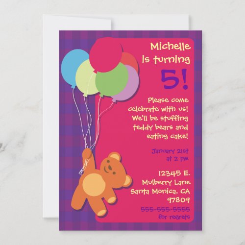 Teddy Bear and Balloons Birthday Party Invitation
