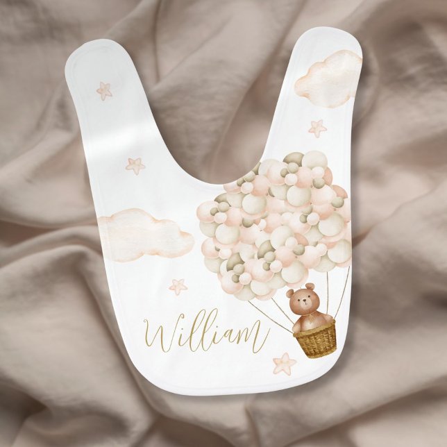 Teddy Bear And Balloons Gold Script Baby Bib (Teddy Bear And Balloons Gold Script Baby Bib)