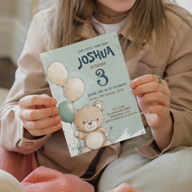 Teddy Bear and Balloons Green Kids Birthday Party  Invitation (Creator Uploaded)