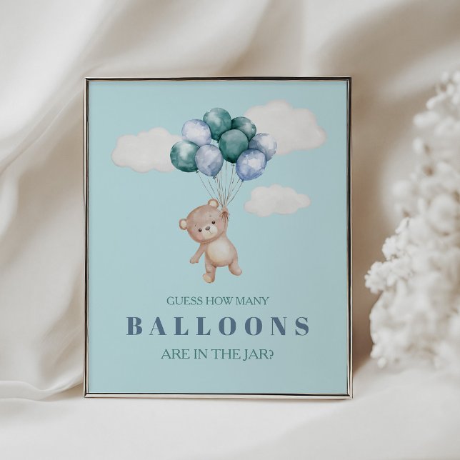 Teddy Bear and Balloons Guess How Many Poster (Guessing game Sign with teddy bear and Balloons, Fully Customizable)