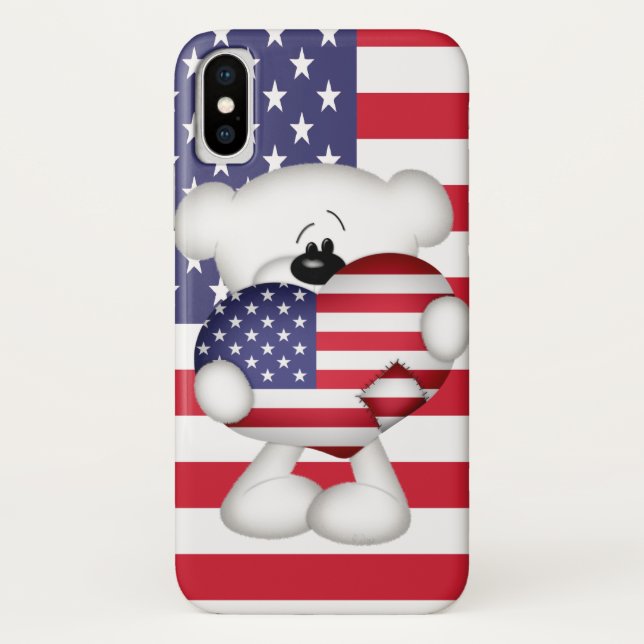 Teddy Bear and Big USA Flag Heart Case-Mate iPhone Case (Back)