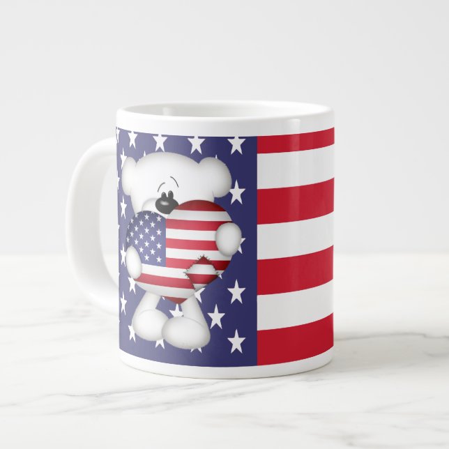 Teddy Bear and Big USA Flag Heart Large Coffee Mug (Front Left)
