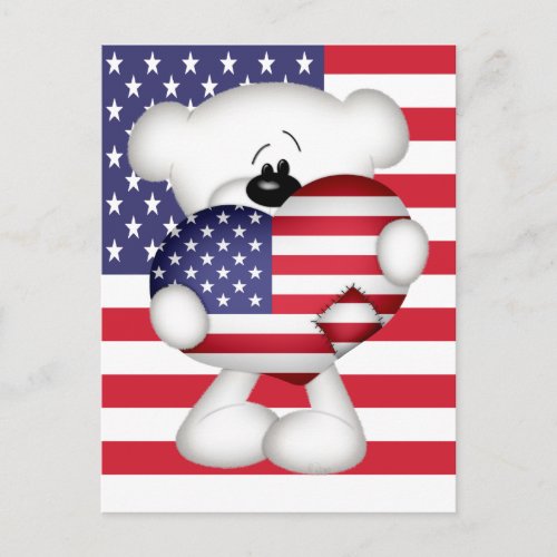 Teddy Bear and Big USA Flag Heart Postcard
