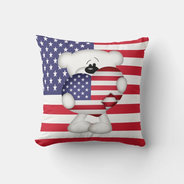 Teddy Bear and Big USA Flag Heart Throw Pillow (Front)