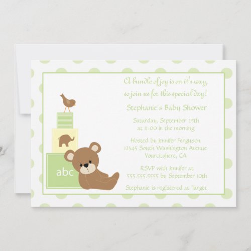 Teddy bear and bird neutral baby shower invitation