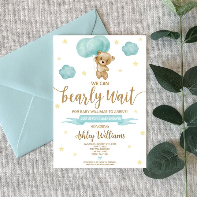 Teddy Bear and Blue Balloons Baby Shower Invitation (Creator Uploaded)