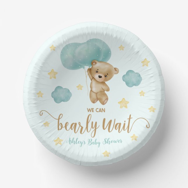 Teddy Bear and Blue Balloons Baby Shower Paper Bowls (Front)