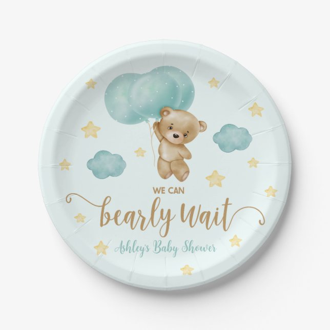 Teddy Bear and Blue Balloons Baby Shower Paper Plates (Front)