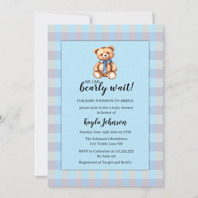 Teddy Bear and Blue Gingham Plaid Baby Shower Invitation (Front)