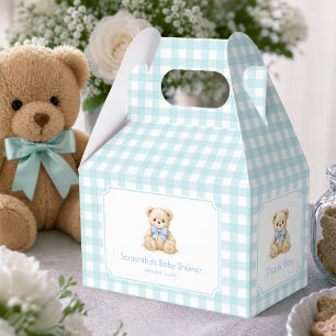 Teddy Bear and Blue Gingham Plaid Boy Baby Shower Favor Boxes
