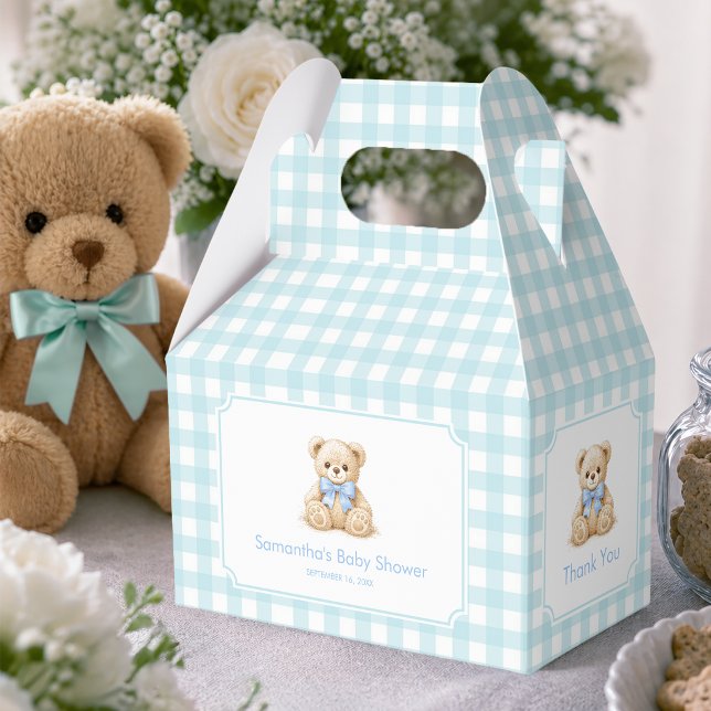 Teddy Bear and Blue Gingham Plaid Boy Baby Shower Favor Boxes (Creator Uploaded)