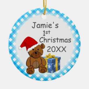 Teddy Bear and Blue Plaid Baby's 1st Christmas Ceramic Ornament