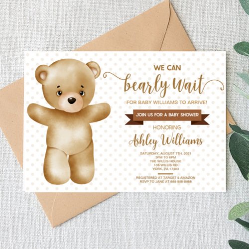 Teddy Bear and Brown Polka Dots Baby Shower Invita Invitation