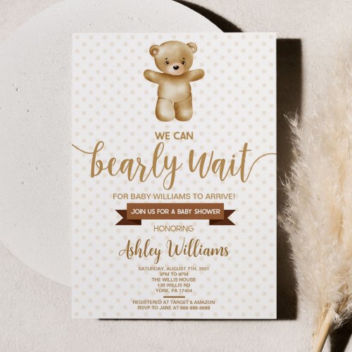 Teddy Bear and Brown Polka Dots Baby Shower Invitation