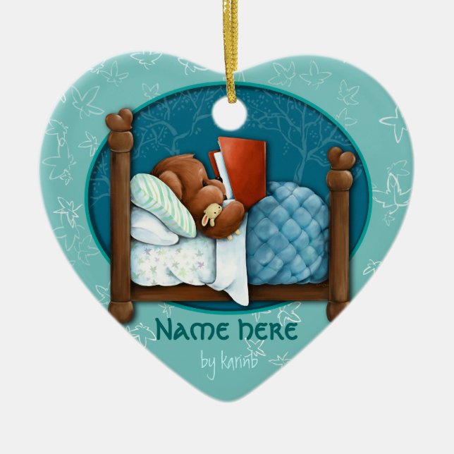 Teddy bear and bunny bedtime story time ceramic ornament (Front)