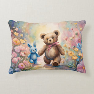 Teddy bear and Bunny In a Pastel Garden Accent Pillow