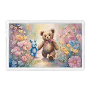 Teddy bear and Bunny In a Pastel Garden Acrylic Tray