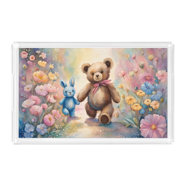 Teddy bear and Bunny In a Pastel Garden Acrylic Tray (Front)