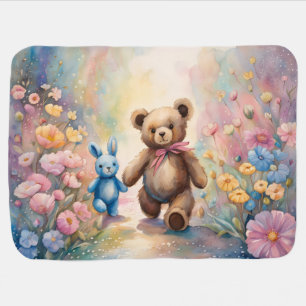 Teddy bear and Bunny In a Pastel Garden Baby Blanket