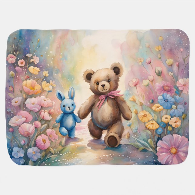 Teddy bear and Bunny In a Pastel Garden Baby Blanket (Horizontal)